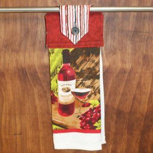 WINE RED & BLACK TOWEL RED STRIPED HANDMADE HANGING KITCHEN  BUTTON CLOSURE